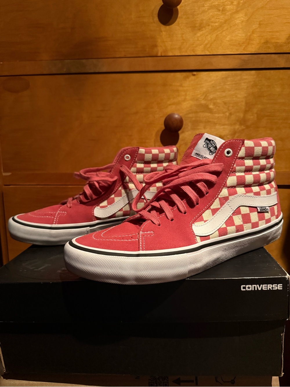 Vans Pro Skate Pink Salmon White Checkerboard Sk8-Hi Shoes